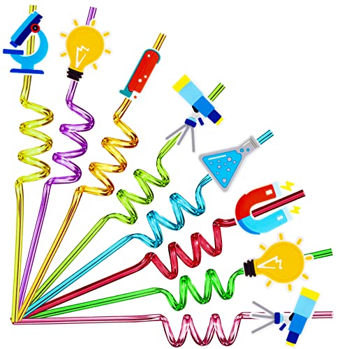 24pcs Science Theme Shaped Straws Reusable Plastic, Drink Cocktail Straws with Cartoon Decorations Mad Scientist Party Supplies Birthday Party Favors