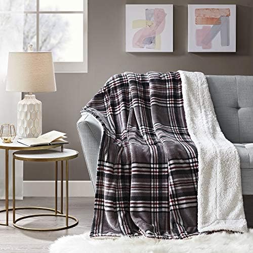 Comfort Spaces Ultra Soft and Cozy Sherpa Reversible Throw Blankets for Couch and Bed, Plush Fleece Cozy Cover with Fuzzy Faux Fur, 50 x 60 in, Grey Plaid