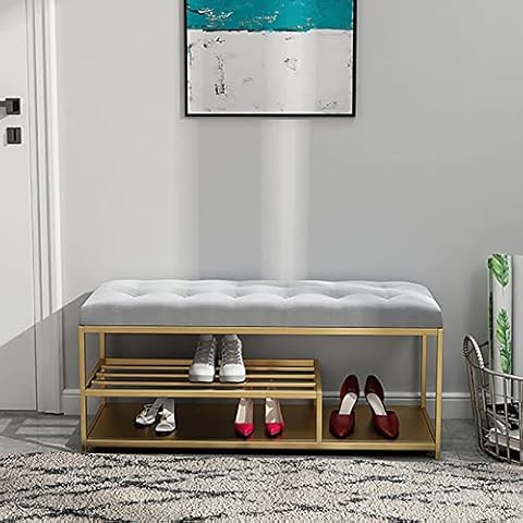 Modern Entryway Bench With Metal Shoe Shelf Cover