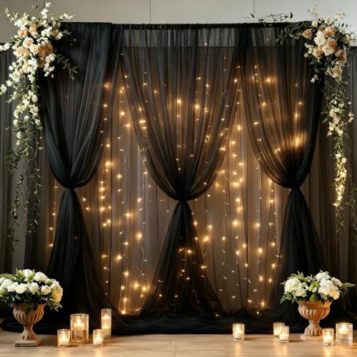 30ft x 8ft Black Backdrop Curtain Panels with Lights String for Parties, Sheer Tulle Wedding Backdrop Drapes for Baby Shower Birthday Party Home Decorations