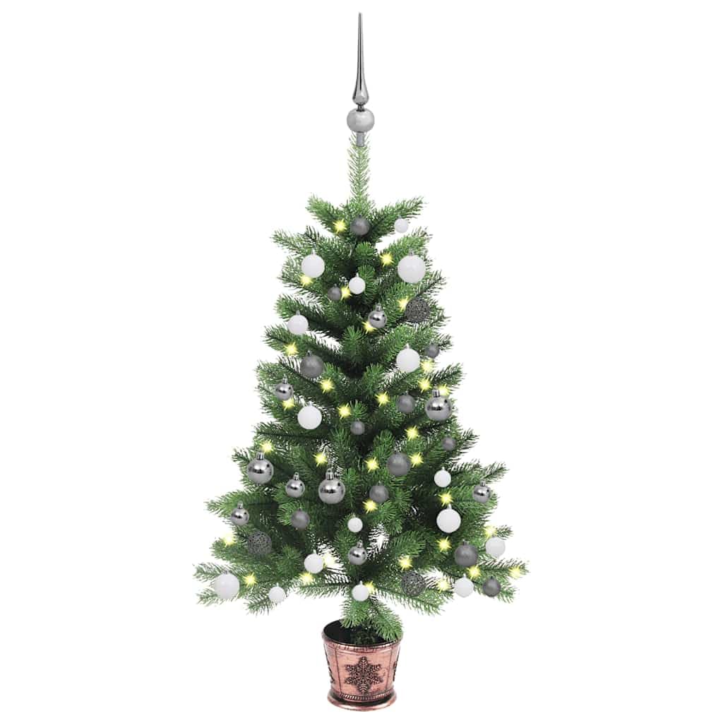 Sztuczna choinka, 65 cm, realistyczna, z 150 diodami LED, 135 gałązkami PE, doniczka i 61 bombek, do użytku wewnątrz i na zewnątrz, świąteczna dekoracja