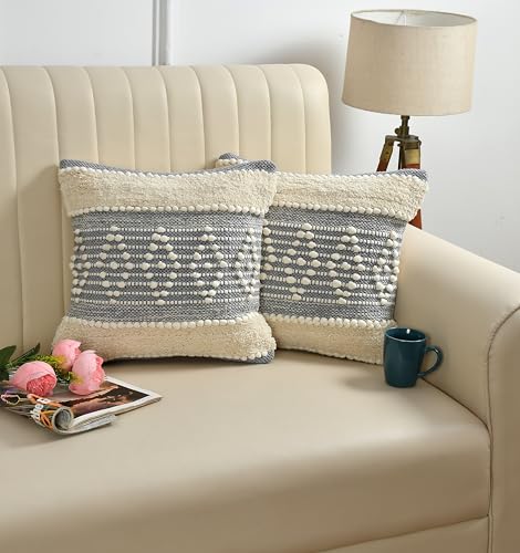 Image of TIB Premium Boho Decorative Throw Cushion Covers, 16 x 16 cm, Set of 2, Cotton. (Grey Kites)-230 TC