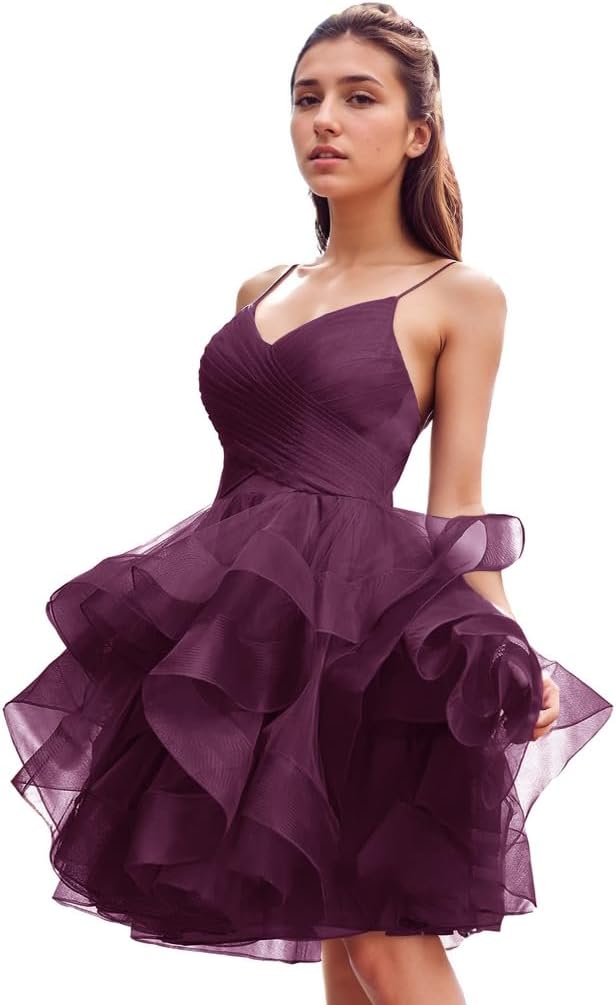 Women's Puffy Ruffle Short Homecoming Dress Tull Tutu Prom Dress V Neck  Formal Party Gown