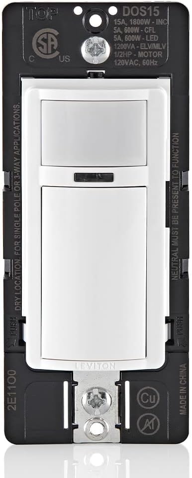 Image of Leviton Decora Occupancy Motion Sensor in-Wall Switch, Auto-On or Manual-On, 15A, Single Pole, Multi-Way or Multi-Sensor, DOS15-1LZ, White with Ivory, Light Almond Faceplates (Pack of 10)