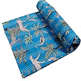 Rajasthaniartdecor Indian Traditional Vintage Multi Color Pure Cotton Fabric Handmade Kantha Quilt Bed Cover Throw Animal Printed Kantha Quilts (Turquoise, Single 60x90 Inch)