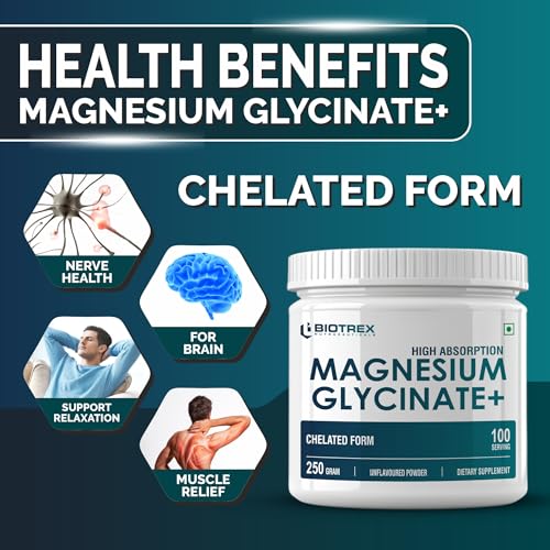 Image of Biotrex Nutraceuticals Magnesium Bisglycinate Powder | Sleep, Cramps, Nerve & Muscle Health | Mood Balance & Energy Production | High Absorption - 250Gram (100 Servings)