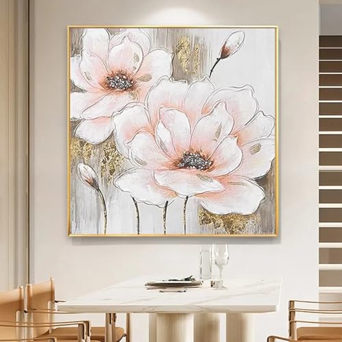 Peinture à l'huile fleur rose dorée sur toile idée cadeau cadre salon 30x30cm