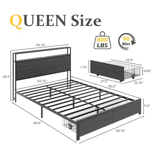 Lifezone Queen Bed Frame with 2-Tier Storage Headboard, Bedroom Metal Bed Frame with 2 Storage Drawers & Fast-Charging Station & LED, Noise-Free, No Box Spring Needed, Easy Assembly, Rustic Grey - Image 2