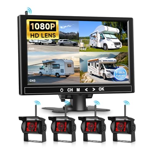 Hodozzy 1080P Cámaras de Marcha Atrás Inalámbricas Digitales,9 Pulgadas Pantalla con 4 Camaras, Cámaras de Marcha atrás a Prueba de Agua IP68, Visión Nocturna por IR, Compatible con BSD