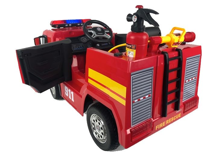 FINOOS Elektryczny samochód strażacki dla dzieci 12 V Firetruck, gumka koła z pilotem zdalnego sterowania 2,4 GHz 1-5 lat (czerwony)