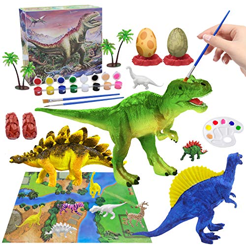 Kids Dinosaur Painting Kit with Play Mat, Animal Crafts and Arts Supplies Set, Decorate Your Own Dinosaur Figurines DIY Painting Toys for Boys Girls Age 4 5 6 7 Years Old