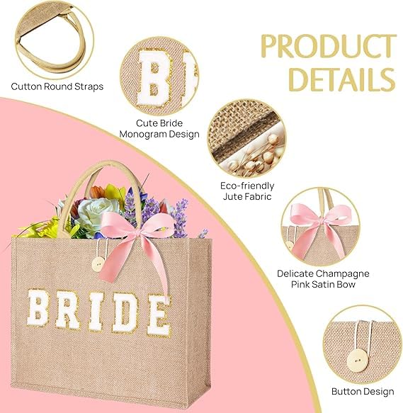 JUSTOTRY 1pcs Bride to Be Tote Bag, Beige, Hen Party Bag with 'BRIDE' Lettering, Hen Do Accessory, Bridal Shower Gift - Image 3