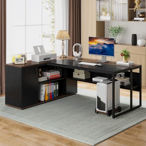 Image of Tribesigns 71 inch Executive Desk, L Shaped Desk with Cabinet Storage, Executive Office Desk with Shelves, Business Furniture Workstation for Home Office, Black and Brown