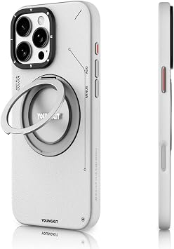iPhone 15 Pro Max için Magsafe İle Uyumlu Kılıf Özellikli 360 Standlı Deri Desenli Youngkit Tech Leather Serisi Gri