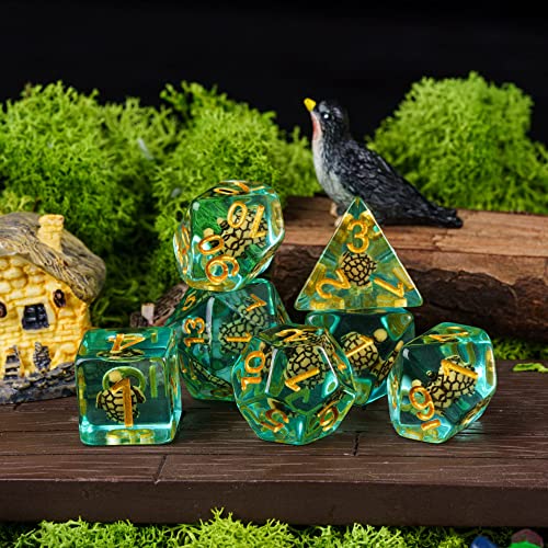 Image of Cusdie 7-Die DND Dice, Polyhedral Dice Set Filled with Animal, for Role Playing Game D&D Dice (Brown Turtle)
