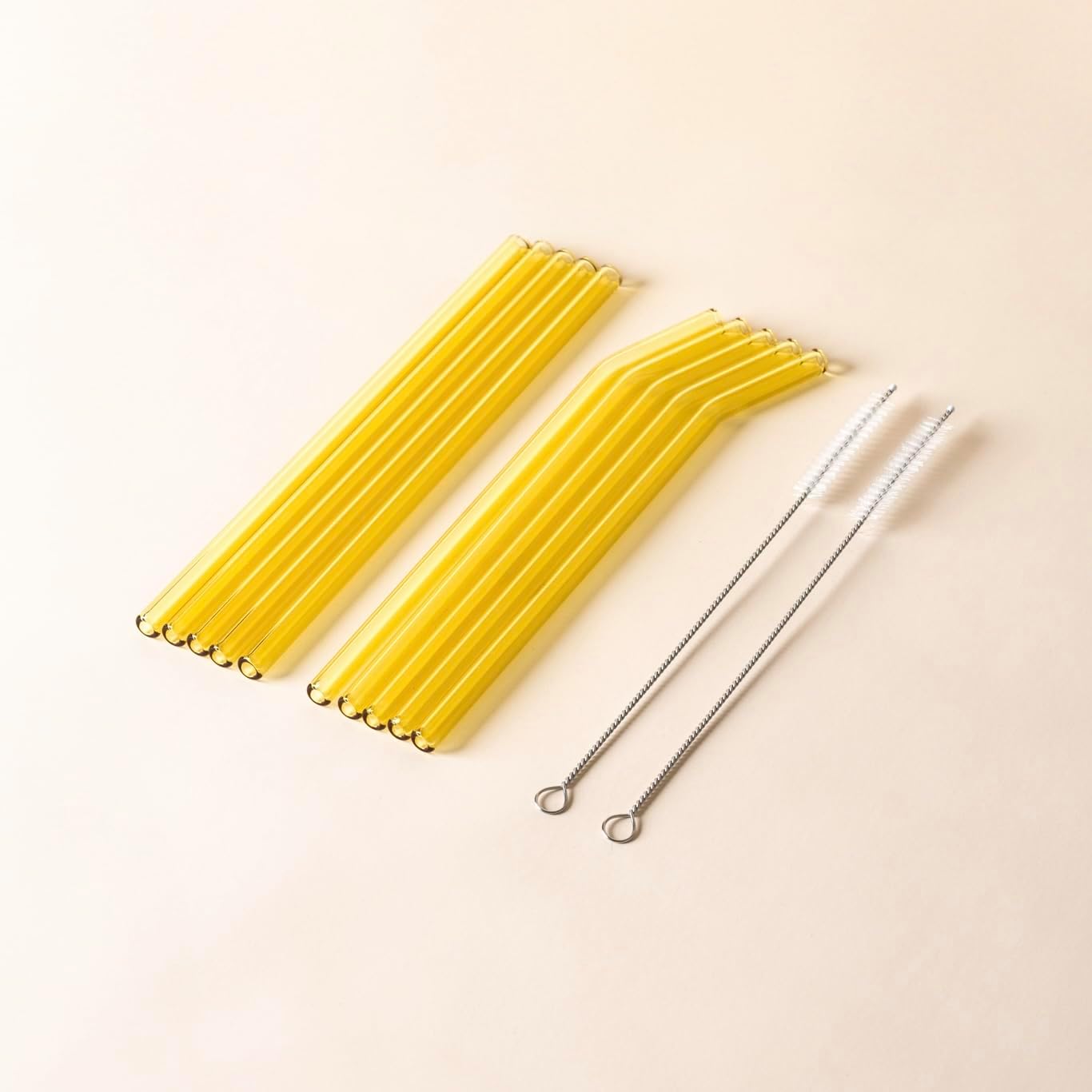 10-Pack Reusable Glass Drinking Straws – Colorful, Durable, Shatter-Resistant – Includes 5 Straight, 5 Bent Straws & 2 Cleaning Brushes – For Smoothies, Iced Coffee (Butter Yellow, Classic)
