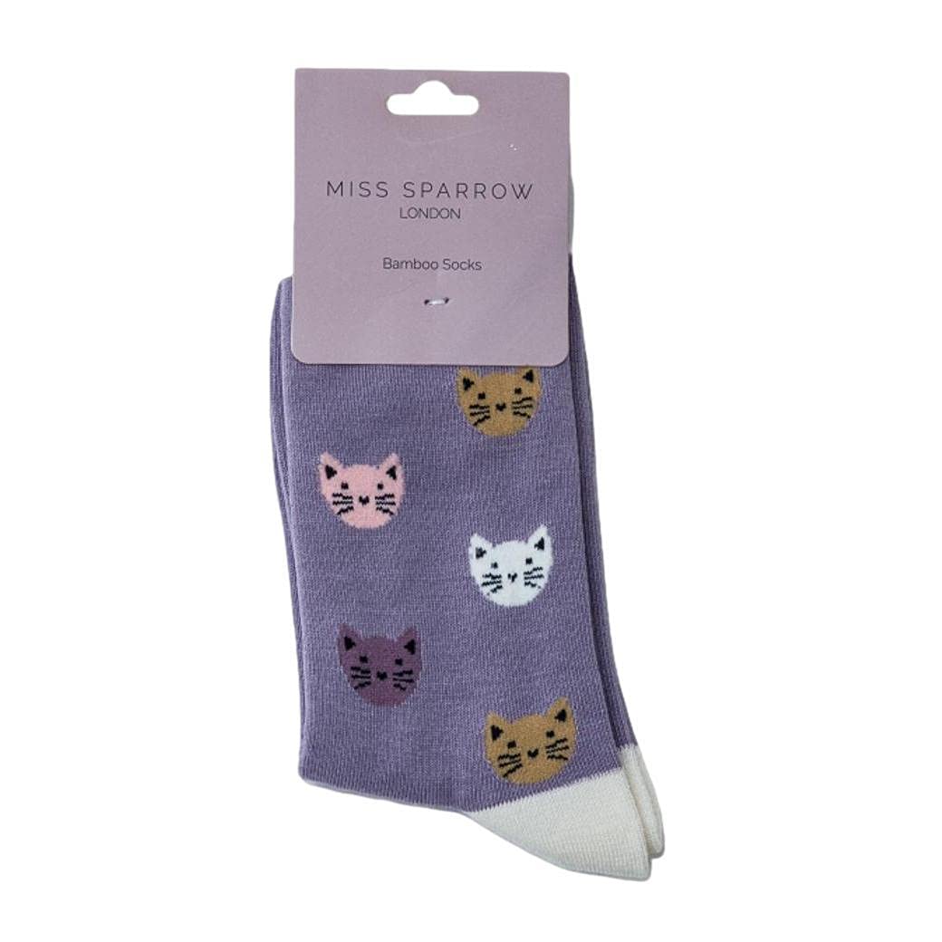 Miss Sparrow Kitty Cat Faces Lavender Womens Novelty Ankle Socks Adult One Size