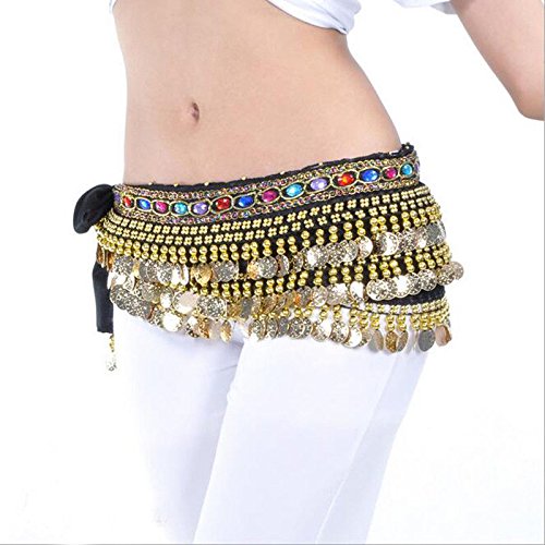 Image of VRITRAZ Women's Chiffon Belly Dance Hip Scarf Waistband Belt Skirt Mixed Colors Beads and Golded Coins 56 Black