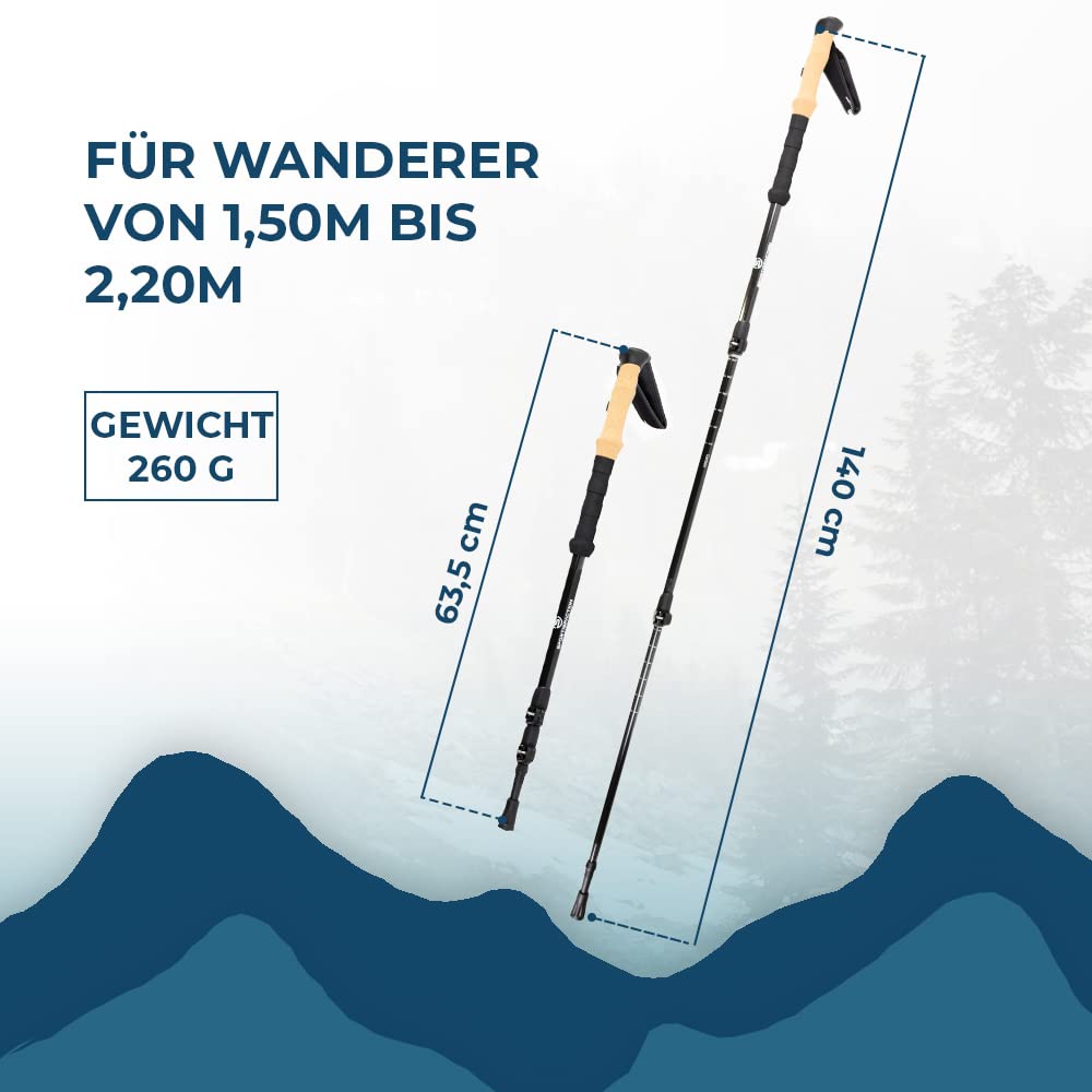 Carbon Wanderstöcke | Stufenlose Teleskop Verstellung | Korkgriff für Komfort | Leichte Trekking Stöcke | Inkl. 5X austauschbare Aufsätze