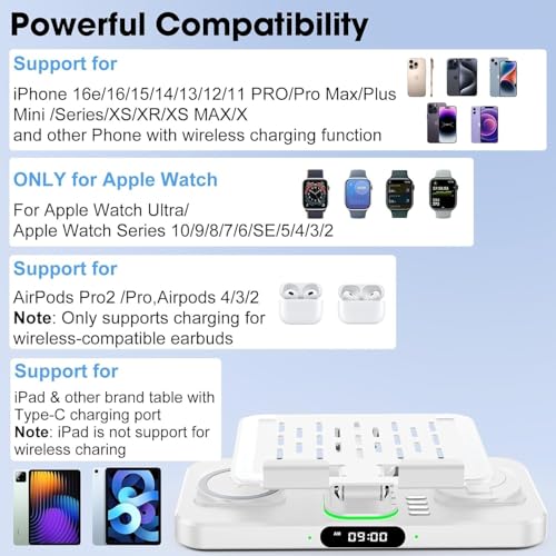 Image of Wireless Charger for Apple Multiple Devices, Charging Station with Clock &7 Color Ambient Light, Foldable Rotate Stand for iPad, for iPhone16 /15 /14, for Apple Watch10 /9 AirPods4 (Adapter Not Included)
