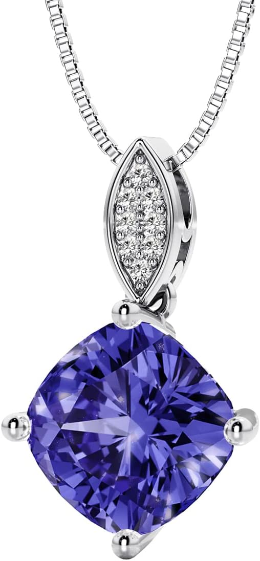 PEORA 2.50 Carats Tanzanite and Lab Grown Diamond Drop Pendant in 14K White or Yellow Gold, Cushion Cut