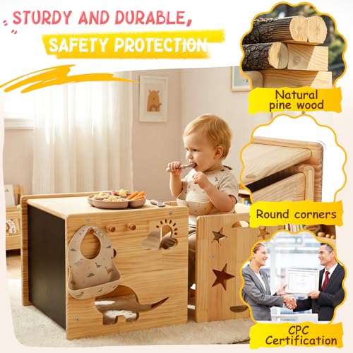 Image of Montessori Weaning Table and Chair Set for Toddlers Age 1-3,with Blackboard | Flip Stool to Adjust Height, Storage Hooks, Puzzle Storage Boards, Natural Wood,CPC Certification,for Dining,Painting,Reading