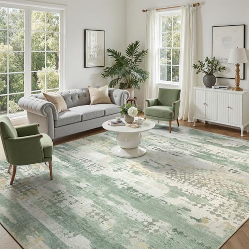 DCX Abstract Area Rug 5x7, Washable Sage Green Modern Rug for Living Room, Kid & Pet Friendly with Rubber Back Non Slip, Soft Low Pile Carpet, Stain Resistant Rug for Bedroom, Office, Dining