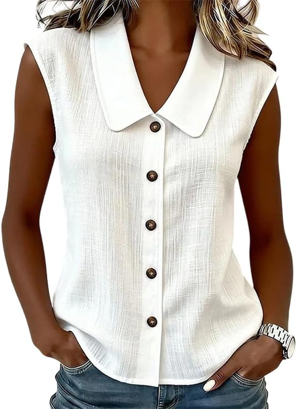 Women's Sleeveless Lapel Button Solid Color Casual Regular Shirt Spring Summer Daily Top