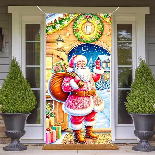 Image of BlissYard Christmas Door Cover Winter Festive Doors Cover 71x35 Inch Santa Claus Entrance Design Cheerful Holiday Home Decor Welcoming Front Door Banner For Seasonal Greetings