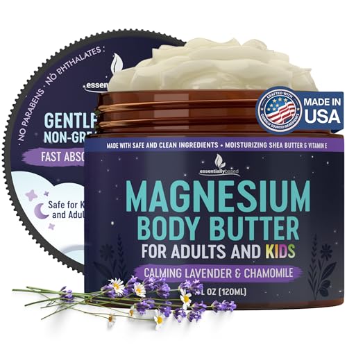 Magnesium Butter for Adults & Kids 4oz - Natural Magnesium Body Butter for Sleep - Muscle Relaxation Cream for Pain & Leg Cramps with SheaButter & Vitamin E - Lavender & Chamomile Scent