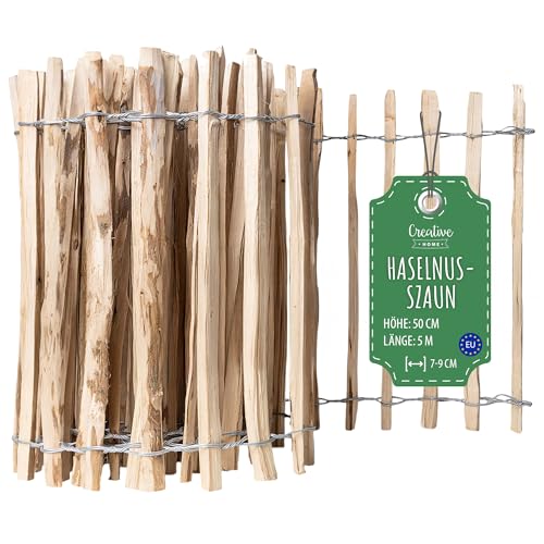Creative Home Staketenzaun 50cm hoch und 5m lang | Haselnusszaun | Rollzaun | Lattenabstand 7-9 cm | Gartenzaun Holz Holzzaun | Zaun Garten Ideal als Rasenkante Blumenbeet Umrandung aus Haselnuss