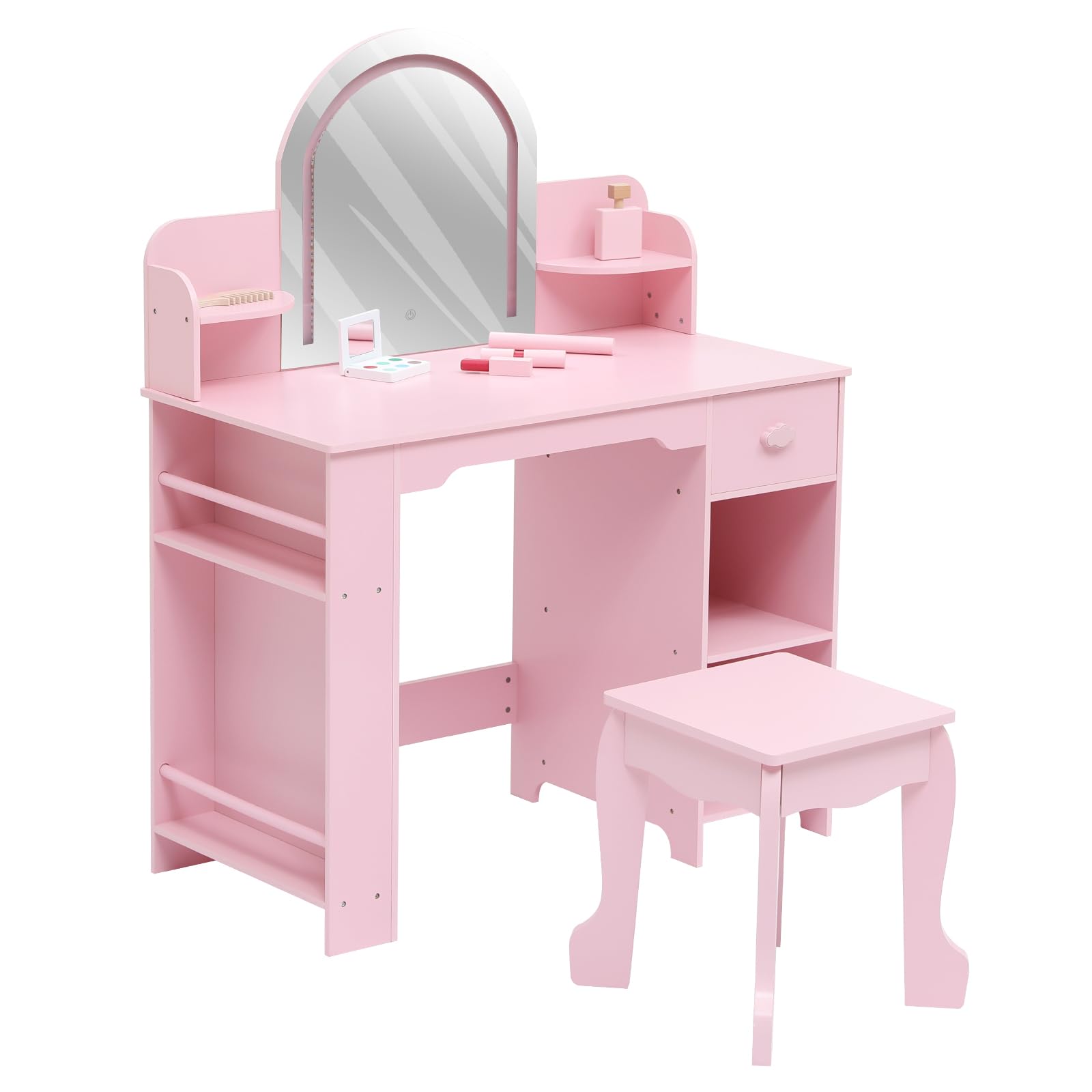 Coiffeuse Enfant Fille avec Miroir LED Lumineux et Tabouret, Bureau Enfant 2 en 1 avec Tiroir et Étagères, Coiffeuse en MDF à Bords Arrondis pour Chambre d'Enfant, Cadeau pour Fille de 3 à 8 Ans