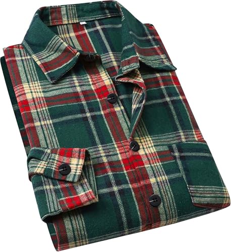 Cromoncent Mens Casual Plaid Flannel Long Sleeve Button Down Shirts Christmas Green Red Large
