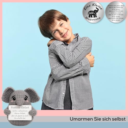 Tixlux Pocket Hug Positiver Elefant, Kreative Strickwolle Elefant Figur und Kleine Umarmung Glücksbringer, MutmacherGeschenk, Gute Besserung Geschenk, Einschulung Geschenk
