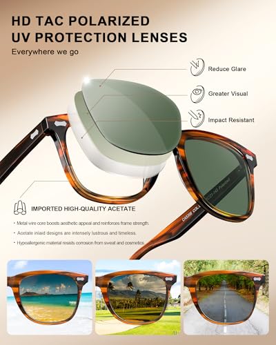 Image of CARFIA Thick Polarized Sunglasses for Men UV400 Protection, Retro Square Hand-crafted Acetate Driving Shades CA5356