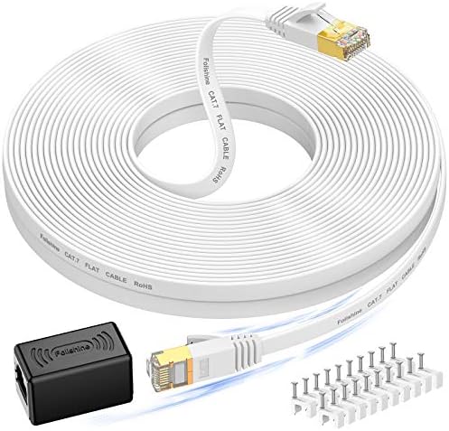 Cat 7 Ethernet Cable 50 ft, High Speed Flat Internet Cable with Extension Coupler, Shielded RJ45 Network Cable for Ethernet Network Switch, Modem, Router, Printer-Faster Than Cat6/Cat5e/Cat5-White