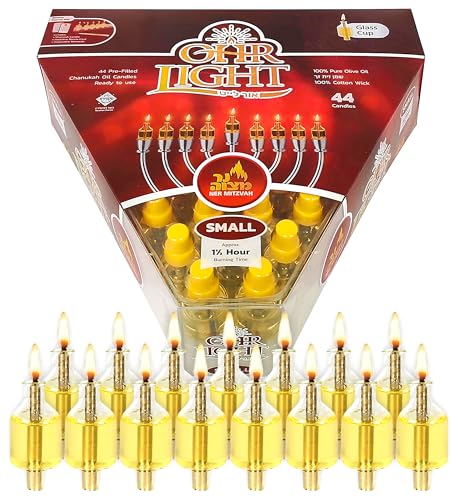 Ner Mitzvah Pre-Filled Menorah Oil Cup Candles - Hanukkah Ohr Lights - 100% Olive Oil with Cotton Wick in Glass Cup - Small Size 44 per Pack Burns Approx. 1 1/2 Hrs