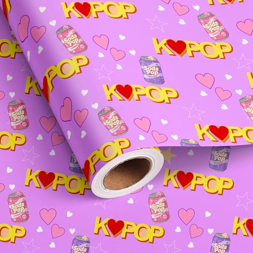 lopmou K-pop Wrapping Paper Roll for Girls Boys - Purple K-pop Themed Birthday Gift Wrap with Hearts Stars Soda Design for Birthday Party Supplies DIY Craft (Total 28.5 sq.ft)