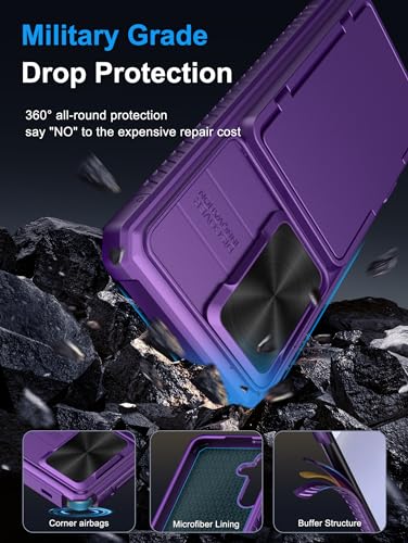 Image of Vihibii for Samsung Galaxy S24 Back Cover with Card Holder (4 Cards) & Slide Camera Cover & Kickstand, Shockproof Rugged Hard Back & TPU Soft Edge Case for Galaxy S24, Dark Purple
