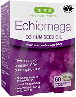 Echiomega Vegan Omega 3-6-9, Plant Based Echium Seed Oil, Ideal 2:1 Ratio Omega-3 to Omega-6 GLA, Womens Health, 60 Small Softgels, by Igennus