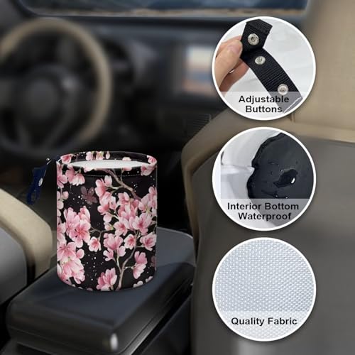 Image of Cute Cherry Blossom Car Trash Can Reusable Foldable Hanging Portable Dustbin Bin for Back Seat, Front Console, Floor, or Hanging Headrest Waste Basket
