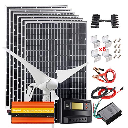 1000 Watt 12V Solar Panel Wind Turbine System Complete Kit with 1000W Inverter: 6pcs 100W Monocrystalline Solar PV Module Grade A +50A LCD Charge Controller +Cables +Mounting Brackets