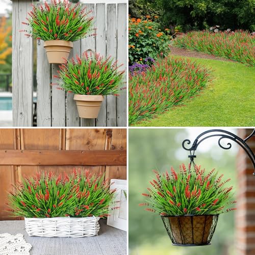 Image of Bassion 24 Bundles Fake Lavender Artificial Flowers for Outdoors, Red