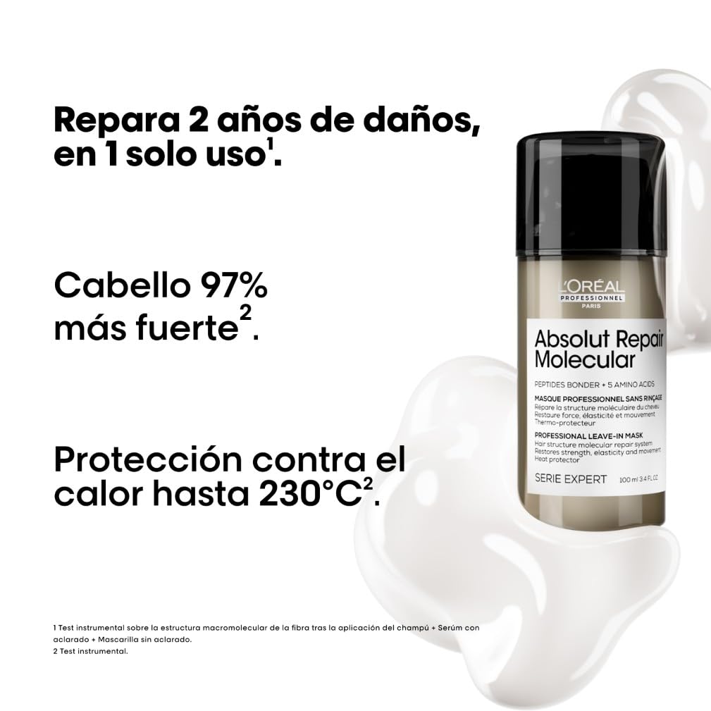 L’Oréal Professionnel, Absolut Repair Molecular Mascarilla Reparadora Sin Aclarado, Textura Crema, Repara Daños y Fortalece, Termoprotección, Fórmula Patentada, para Cabello Dañado