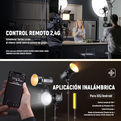 NEEWER FS150B Luz de Video con Control 2,4G/App, Iluminación Continua Fotografía, 130W Bicolor COB Foco Lámpara con 4 Tipo Atenuación, 72000lux/1m, 2700K-6500K, CRI 97+, 12 Efectos, Bowens Mount - imagen 7