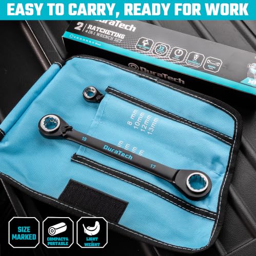 Image of DURATECH 4-in-1 Reversible Ratcheting Box Wrench Set, Metric, 2 Pcs, Black | Double Box End, 8mm, 10mm, 12mm, 13mm & 14mm, 15mm, 17mm, 19mm, CR-V Steel, Black Electrocoat, Rolling Pouch