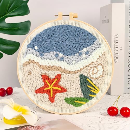 Image of PATPAT Cotton PATPAT 20x20CM DIY Tufting Art Craft Kit Cute Summer Beach Punch Needle Kit Embroidery for Beginners DIY Hoop Embroidery with Punch Needles,Hoop,Art Gift for Kids Adults., Multi Color