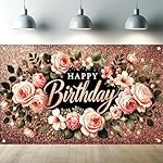Happy Birthday Backdrop Banner Rose Gold Glitter Floral Photography Background for Women Girls Lady Wedding Baby Shower Birthday Supplies Photo Props Party Decorations Cake Table 6x4ft