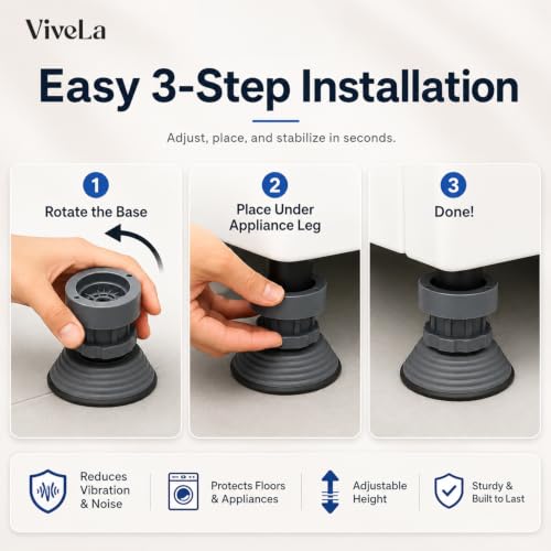 Image of Vivela Washing Machine Vibration Absorber Pads Set of 4 with Height Adjustment | Anti-Slip Shockproof Rubber Feet Stand | Noise & Vibration Reduction for Washing Machine, Refrigerator & Furniture