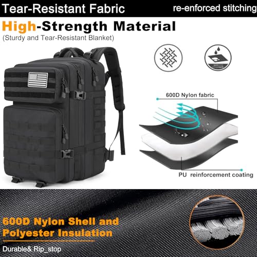 Tactical Backpack 45L Army Military Rucksack, Water Resistant MOLLE EDC Pack, Large 3 Day Bug Out Bag for Men & Women, Durable Outdoor Gear for Hiking, Camping, Hunting, Fishing,Travel (Black) - Image 4